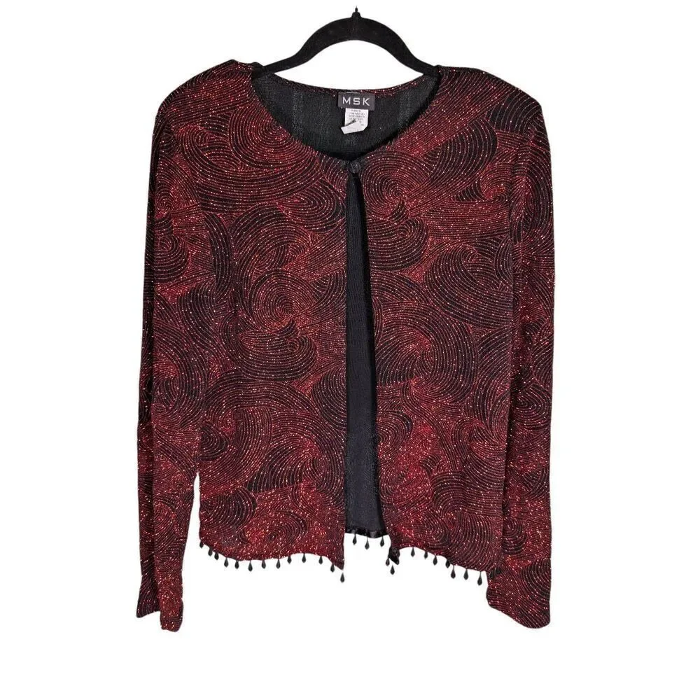 MSK Cardigan Jacket Red/Black All Over Beaded Embellished Artsy Evening Women's